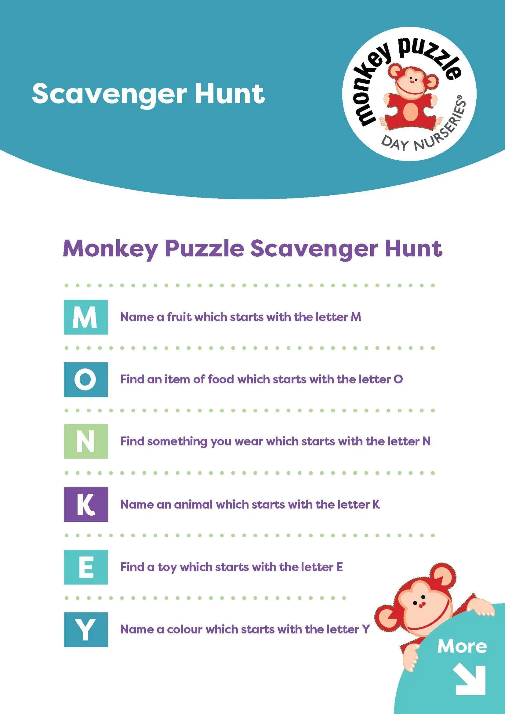 Monkey Puzzle Day Nursery Radlett Scavenger Hunt Children's scavenger hunt activity at Monkey Puzzle Day Nursery Radlett.
